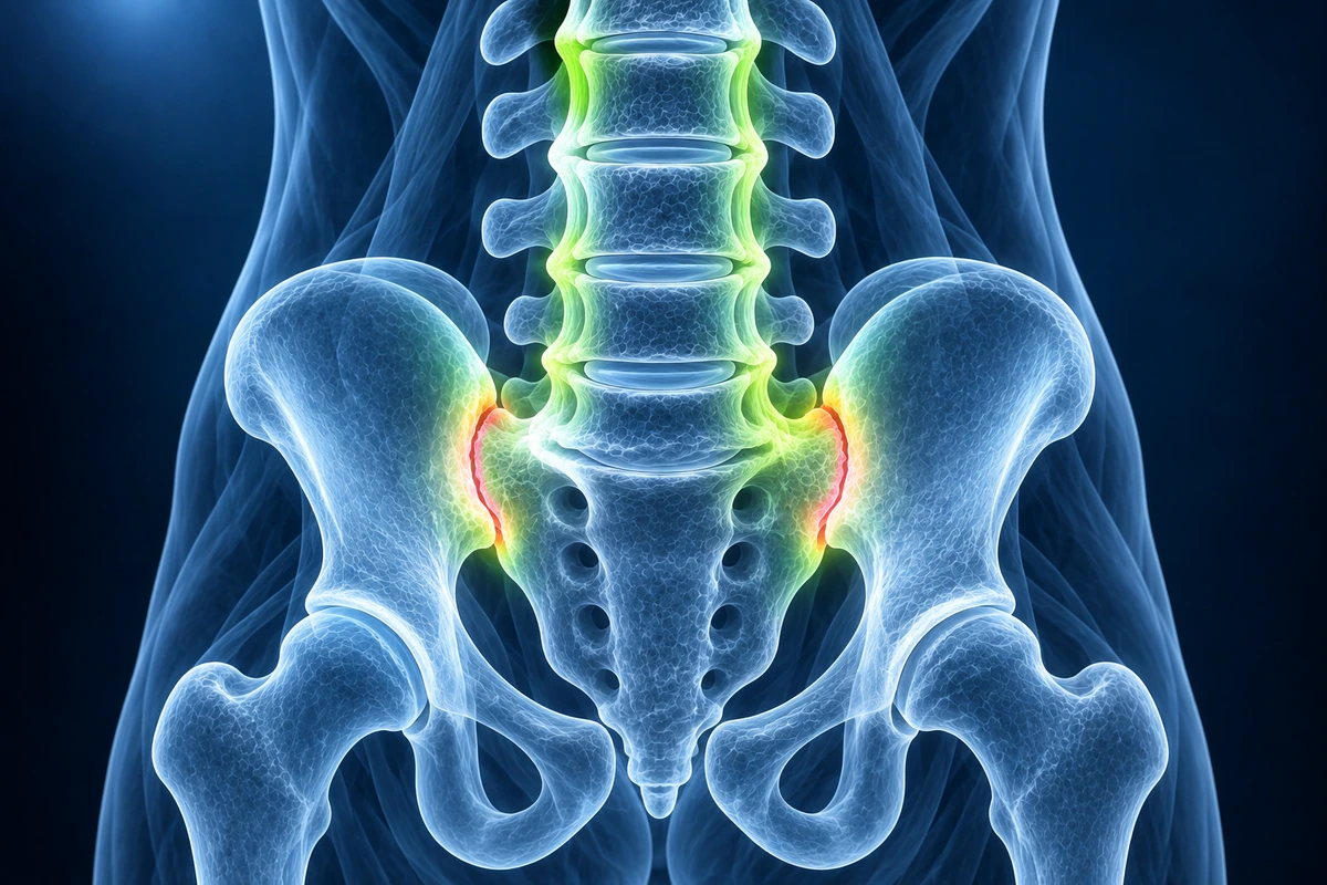 Ilustração da coluna inferior e da pelve com as articulações sacroilíacas inflamadas destacadas dos dois lados