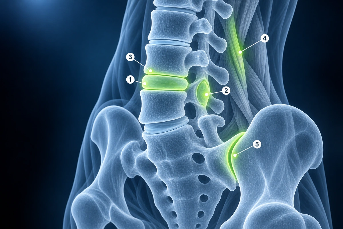Possíveis fontes de dor nas costas além do disco: articulação facetária, platô vertebral, ligamentos e músculos, articulação sacroilíaca