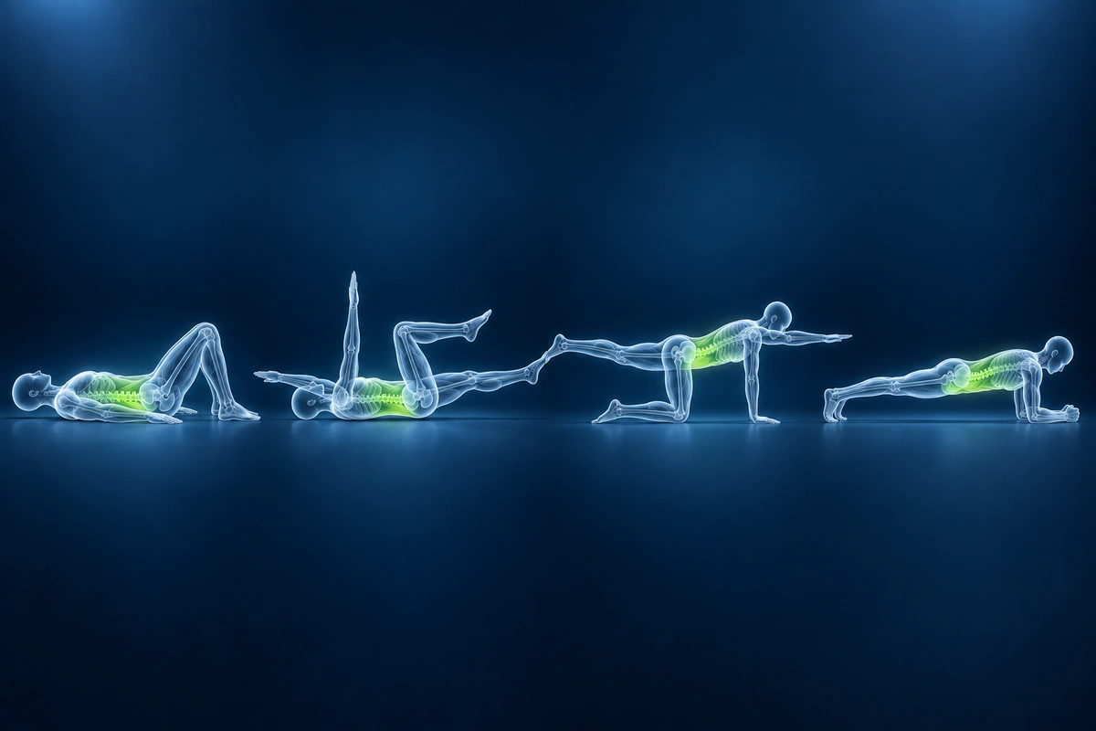 Exercícios de estabilização do core para hérnia de disco: bracing abdominal, dead bug, bird dog e prancha de antebraço
