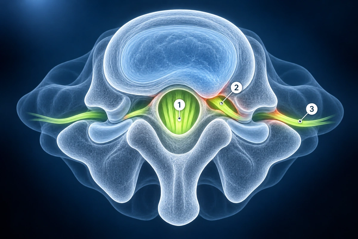Nível lombar axial mostrando as zonas de estenose do canal central, do recesso lateral e do forame